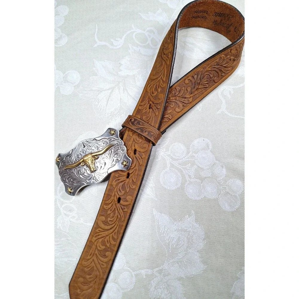 NWT Tony Lama LITTLE TEXAS Handtooled Western Leather Belt W Buckle Child 4/6 yr